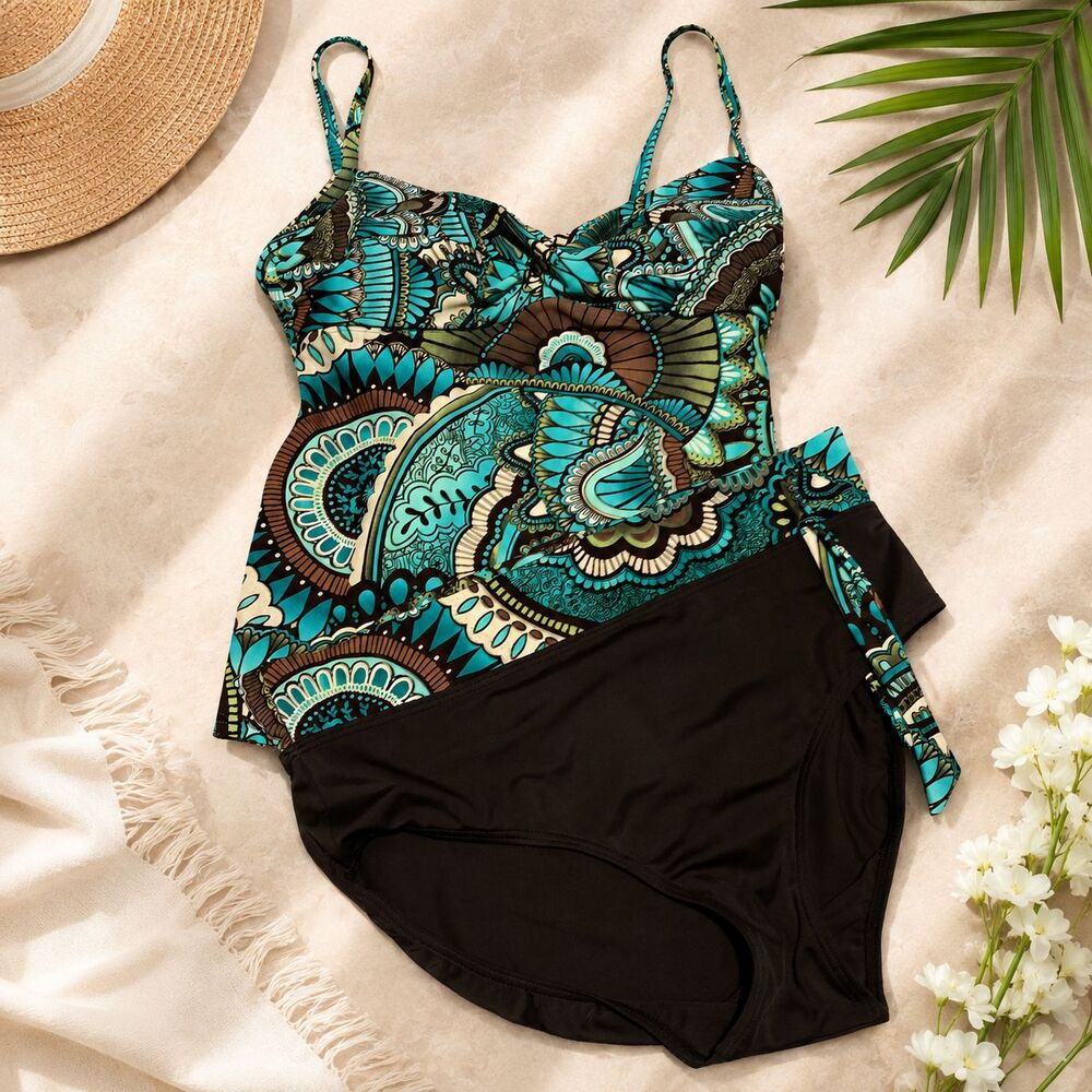 Croft & Barrow Women’s Size 10 Tankini Swimsuit 2 Piece Teal Brown Paisley Print